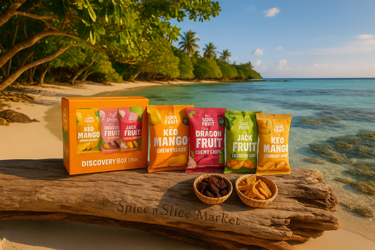 Beautiful Natural Tropical Beach Paradise with Original Product and Extremely Subtle Spice n Slice Market Branding