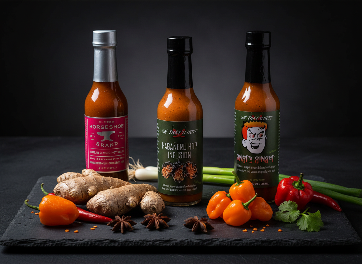 Hot sauce trio with fresh ginger and peppers