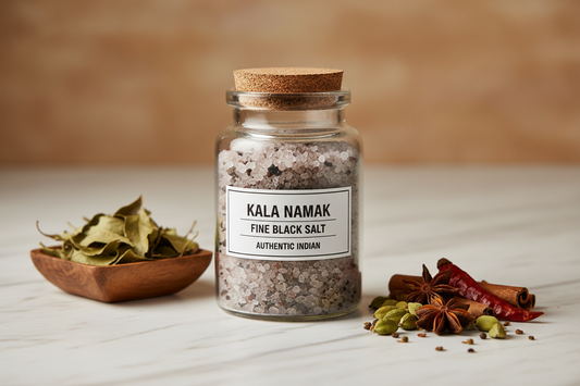 Kala Namak Fine Black Salt in glass jar with Indian spices