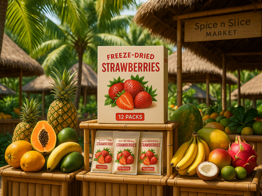Freeze-dried strawberries box and packs on market stand with tropical fruits outdoors