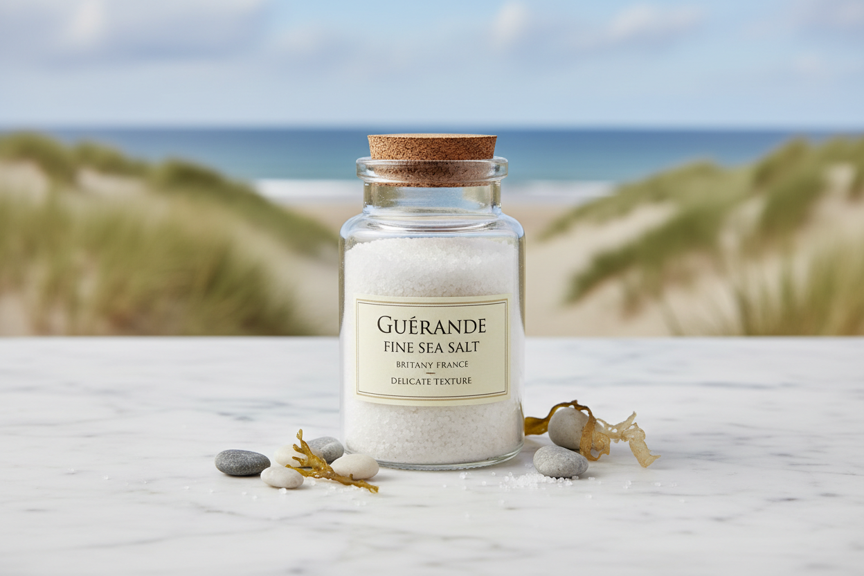 Guerande Fine Sea Salt in glass jar with French coastal elements