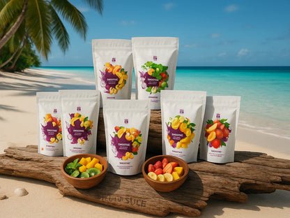 Assorted smoothie mix pouches with fruit bowls on tropical beach, palm trees and ocean view