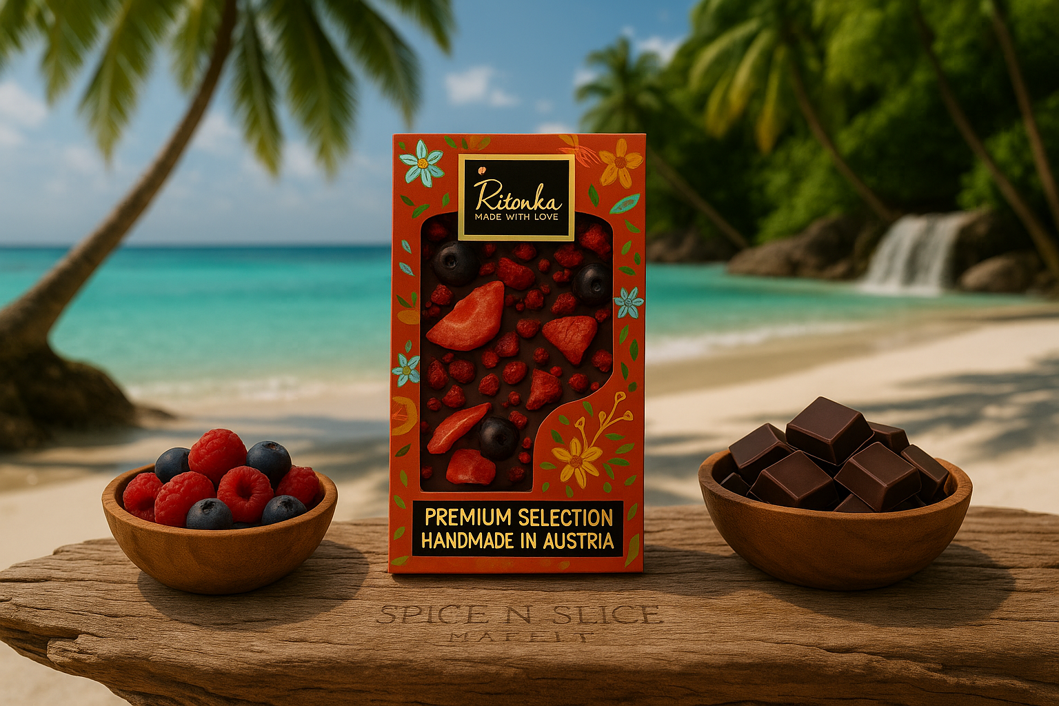 Beautiful Natural Tropical Beach Paradise with Original Product and Extremely Subtle Spice n Slice Market Branding