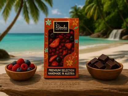 Beautiful Natural Tropical Beach Paradise with Original Product and Extremely Subtle Spice n Slice Market Branding