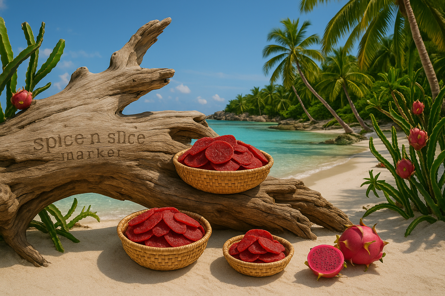 Beautiful Natural Tropical Beach Paradise with Original Product and Extremely Subtle Spice n Slice Market Branding