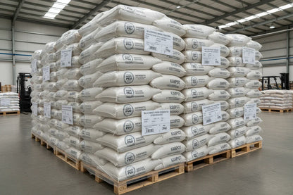 Stacked white bags of Kampot pepper wrapped in plastic on wooden pallets in a warehouse