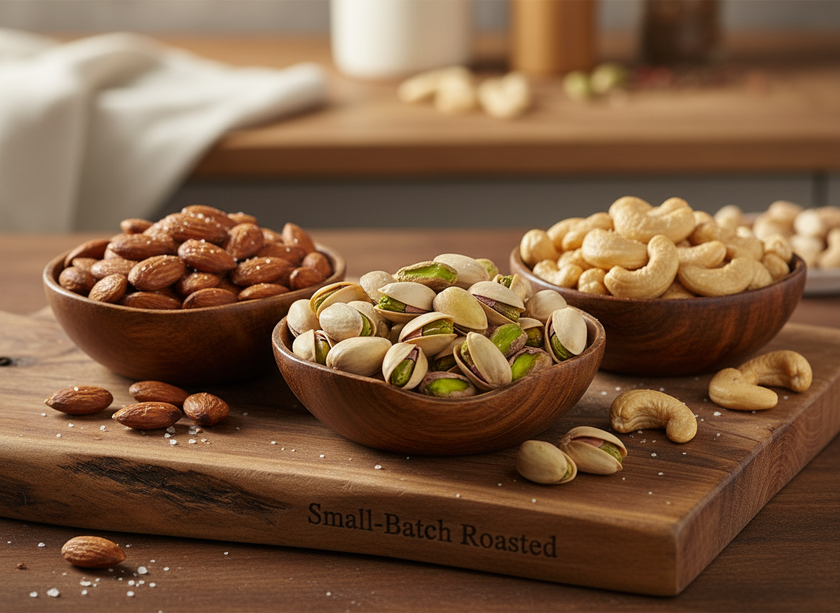 Savory nut trio in wooden bowls on rustic board