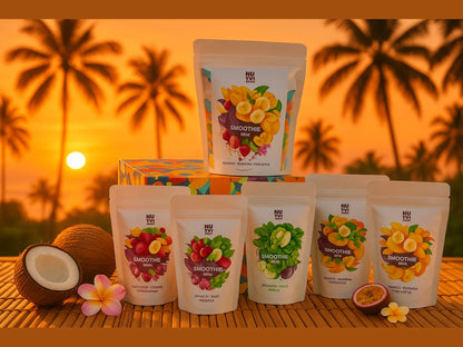 Tropical smoothie mix packages with coconut and passion fruit on bamboo, sunset and palm trees background