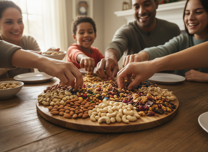 Family sharing gourmet nuts and trail mixes