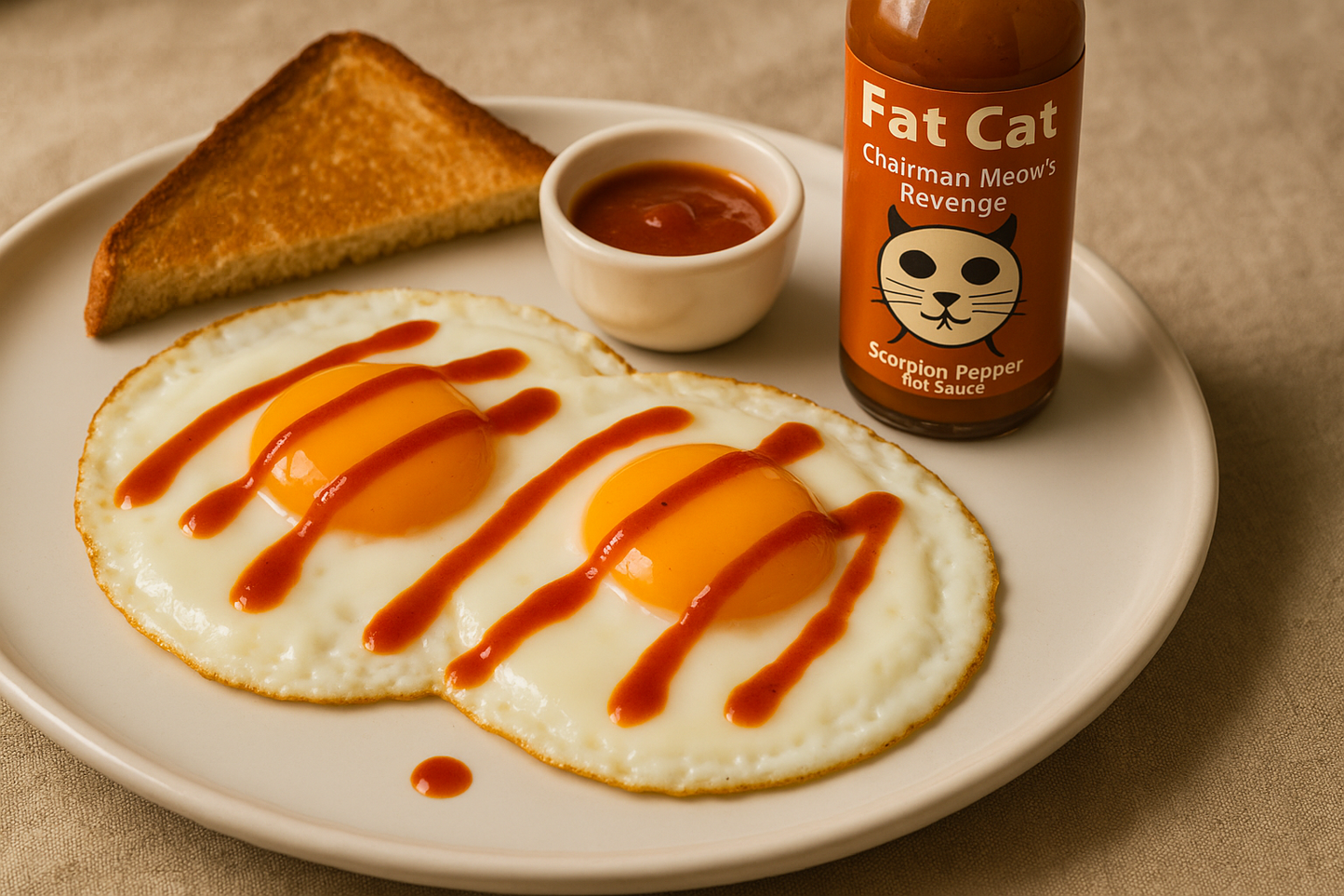 Hot sauce drizzled over sunny-side eggs with bottle in frame