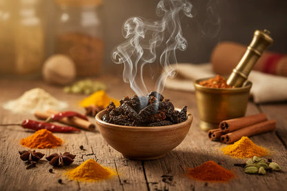 Smoky dried chilies in a bowl surrounded by colorful Indian spices on rustic wood table