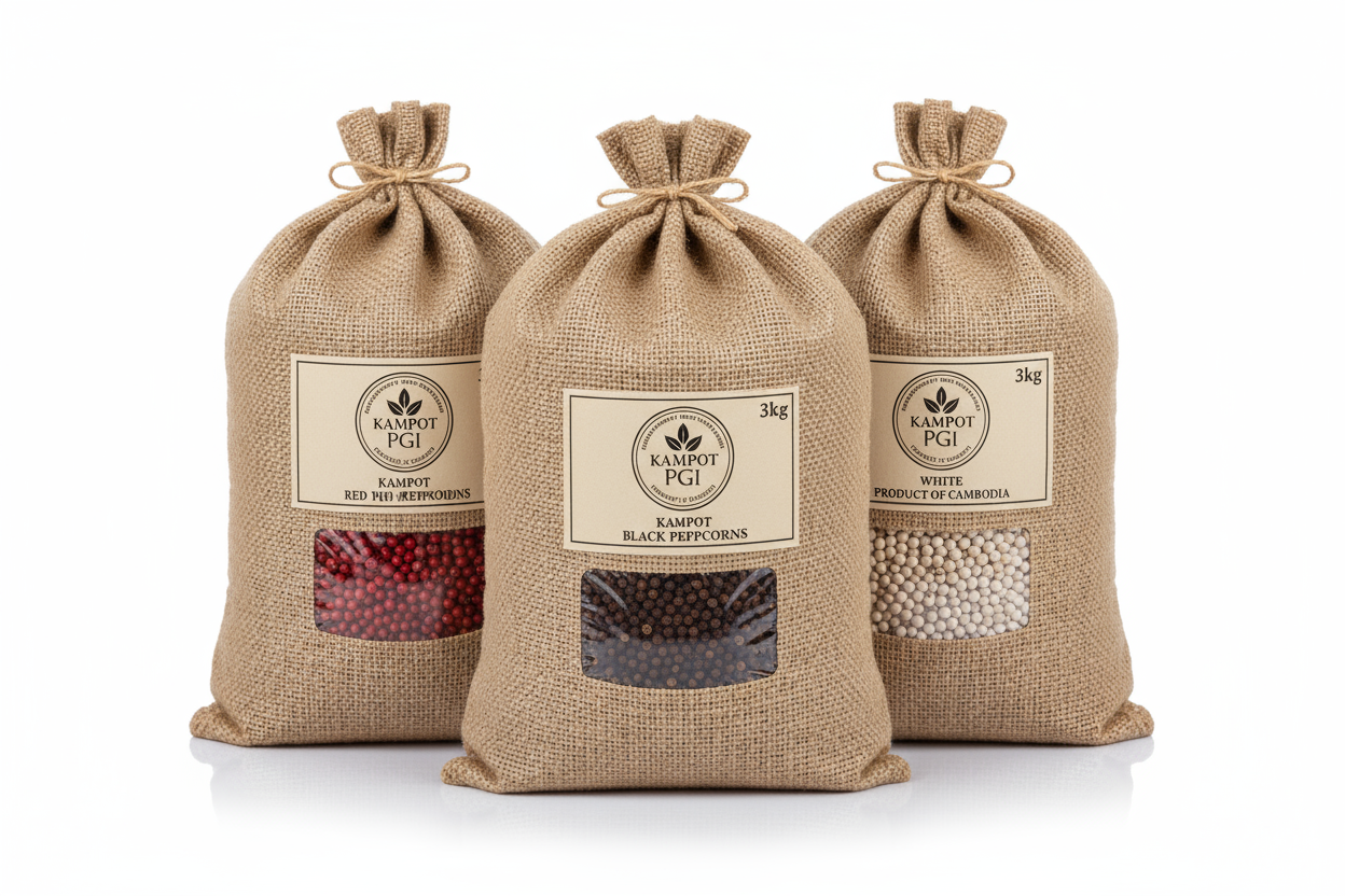 Premium Kampot Pepper Trio Wholesale — Complete 3kg Collection | PGI Black, Red & White