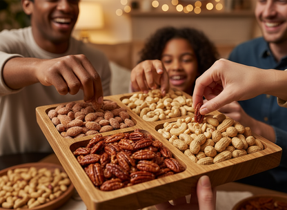 Hands selecting from shared platter