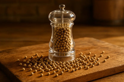 Clear pepper grinder filled with white peppercorns on wooden cutting board