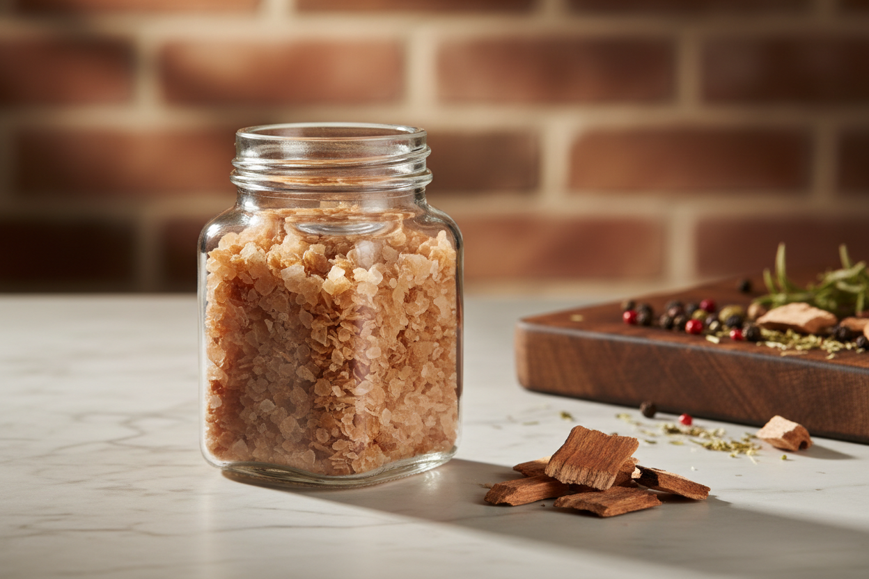 Smoked Salt Beech Flakes in glass jar with beechwood chips