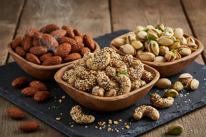 Three wooden bowls with smoked almonds, sesame poppy seed cashews, and pistachios on a slate tray
