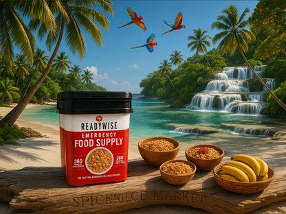 ReadyWise emergency food supply on tropical beach with bowls of food, bananas, and waterfall