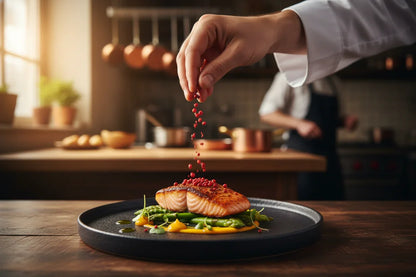 Chef garnishing cooked salmon fillet with pink peppercorns in a professional kitchen
