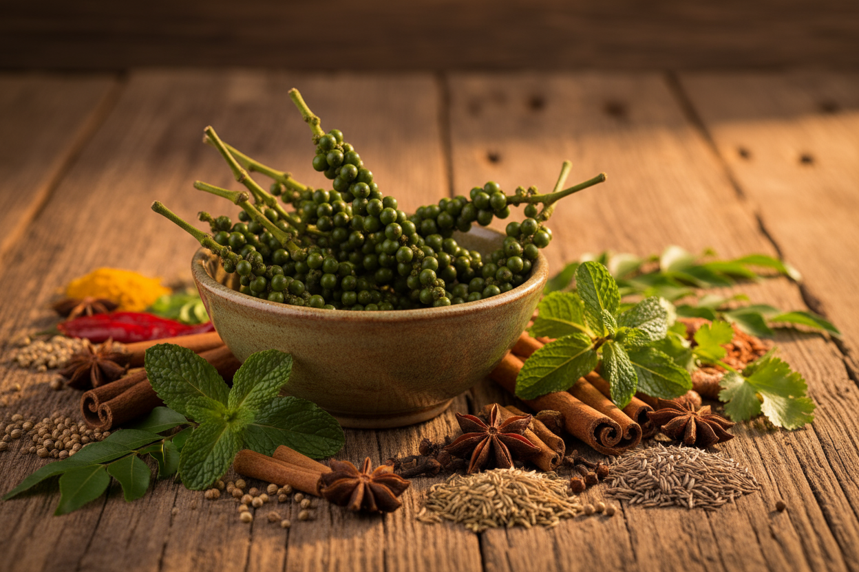 Green Malabar peppercorns with Indian spices