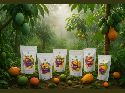 Smoothie powder packs with tropical fruit in a lush mango and papaya orchard at sunrise
