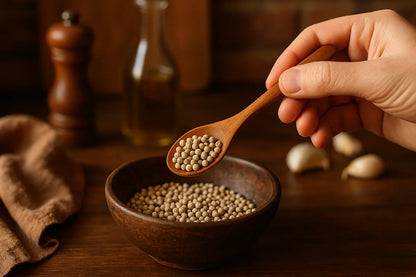 Hand with wooden spoon and white peppercorns