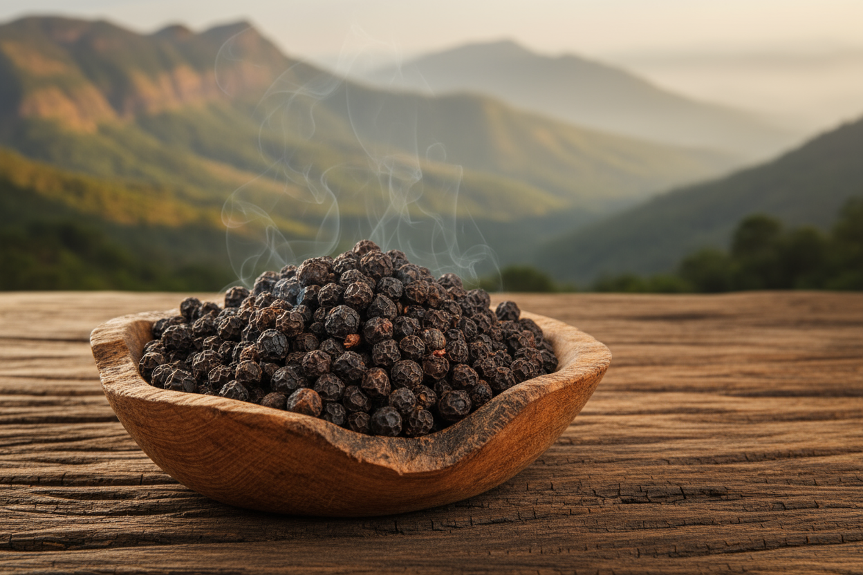 Smoked Banasura pepper in rustic wooden bowl