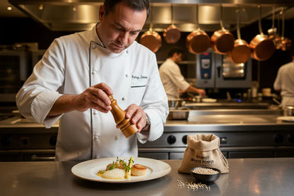 Chef in white uniform seasoning gourmet dish with white pepper in professional kitchen