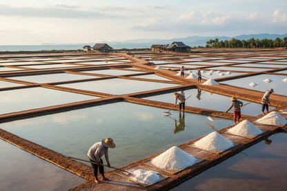 Sunlit salt farm with workers harvesting salt piles in shallow evaporation ponds near sea