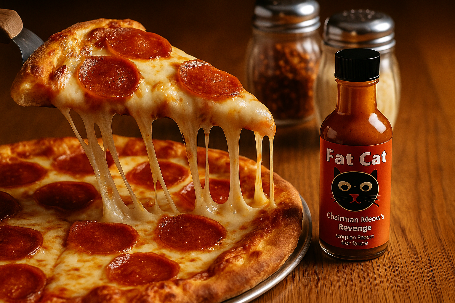 Pizza slice lift with hot sauce on table