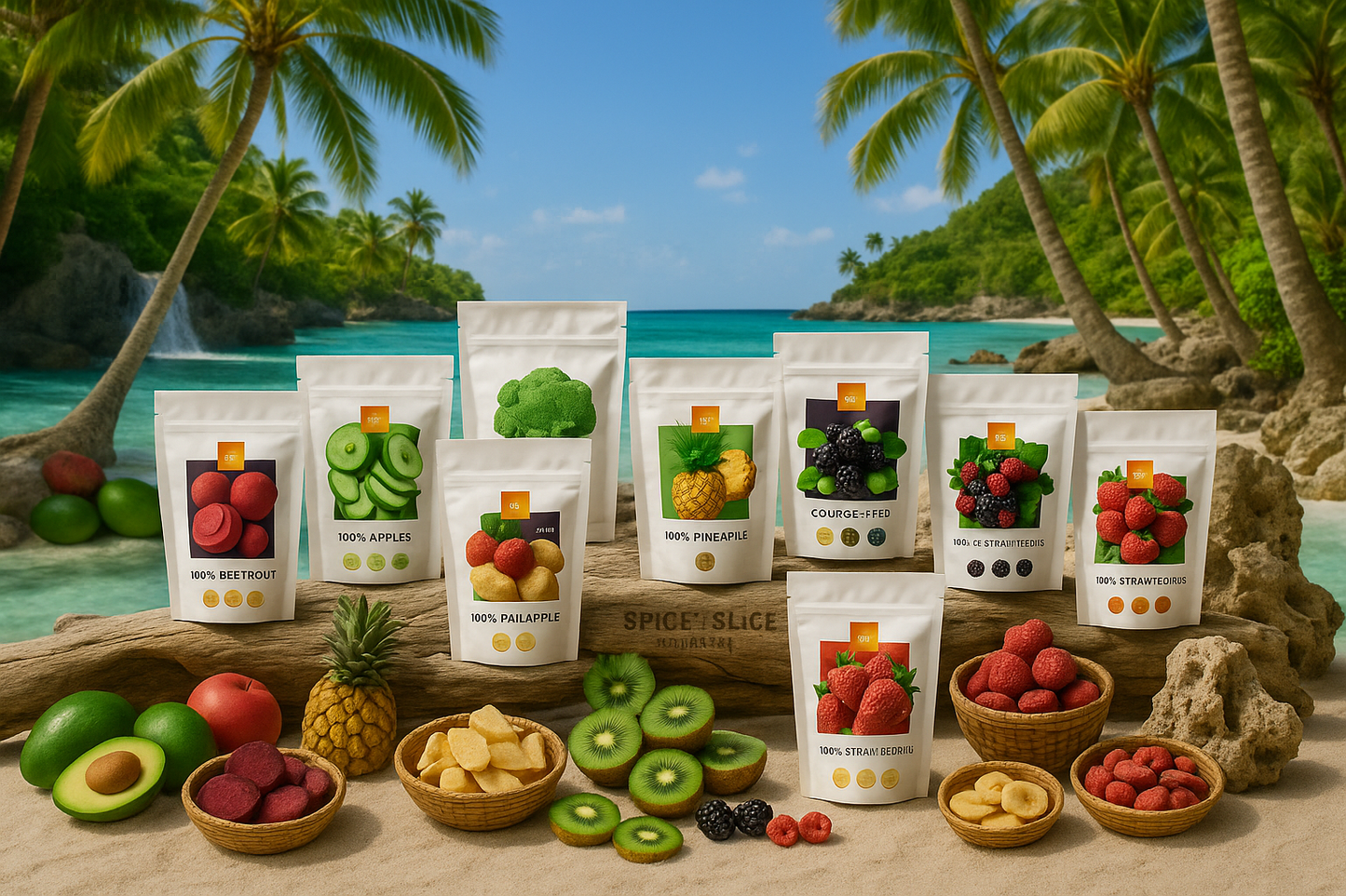 More Natural Tropical Beach Paradise with Original Product and Very Discreet Spice n Slice Market Branding