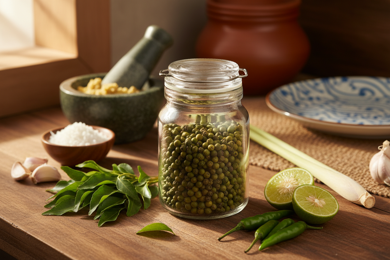 Green Malabar peppercorns in glass spice jar