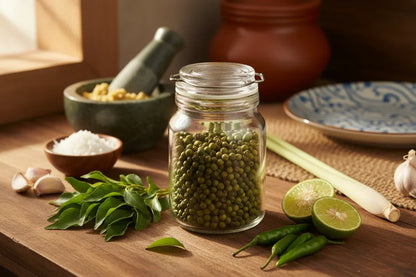 Green Malabar peppercorns in glass spice jar