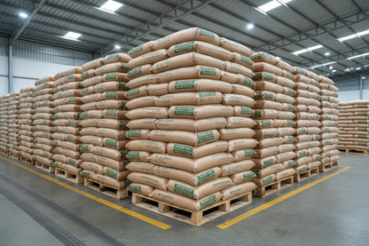 Large warehouse interior with stacked brown sacks on wooden pallets under bright industrial lighting