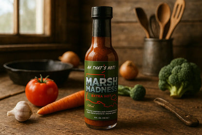 Marsh Madness extra hot sauce bottle on rustic kitchen table with vegetables and utensils