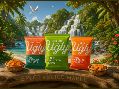 Upcycled dried fruit snack bags in tropical setting with waterfall and fruit baskets