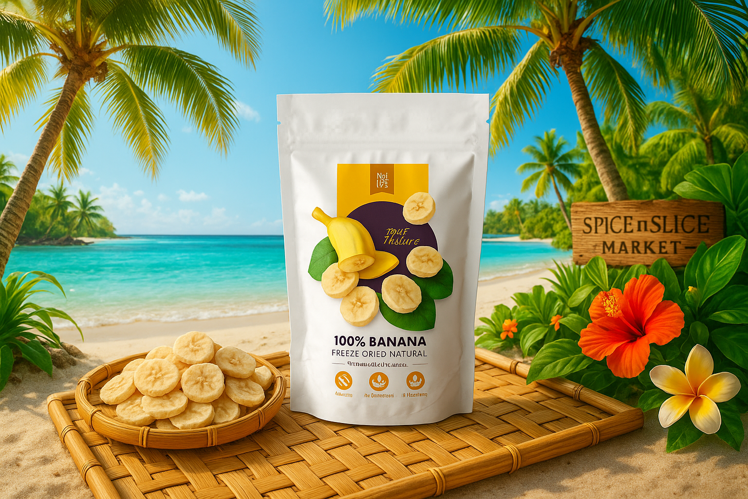 Tropical Beach Paradise with Product and Branding