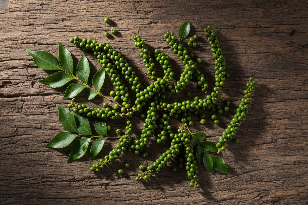 Overhead flat lay of green Malabar peppercorns