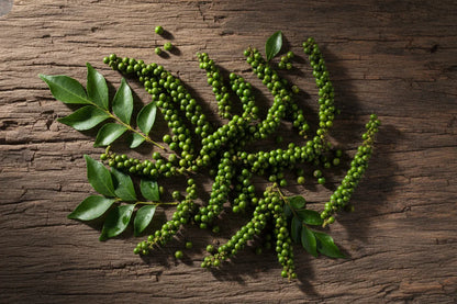Overhead flat lay of green Malabar peppercorns