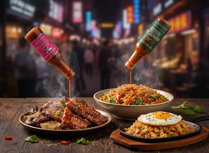 Hot sauce trio drizzled over Korean BBQ and noodles