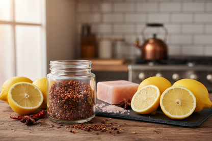 Timut pepper in glass spice jar with lemons