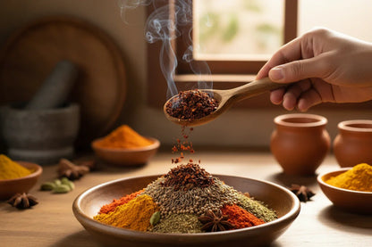 Hand sprinkling smoky ground spices over assorted colorful spices in a rustic kitchen setting