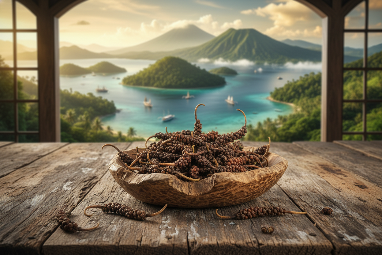 Cubeb pepper with distinctive tails in wooden bowl