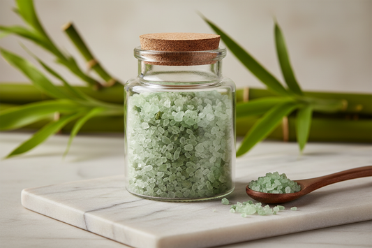 Bamboo Jade Salt Coarse 100g in glass jar with bamboo leaves