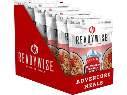 ReadyWise Adventure Meals Strawberry Granola Crunch breakfast pouches in red display box