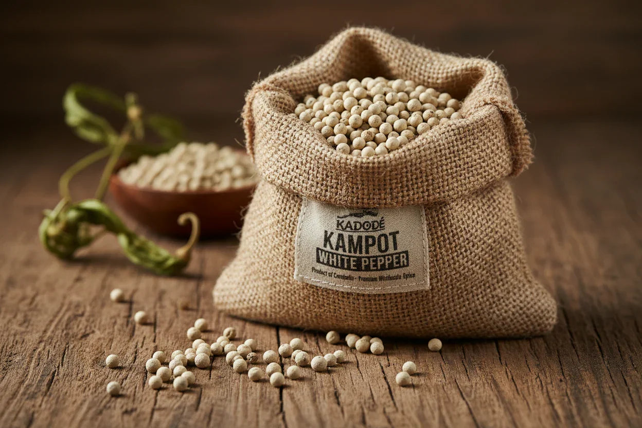 Kadodé Kampot White Pepper 10kg Burlap Sack