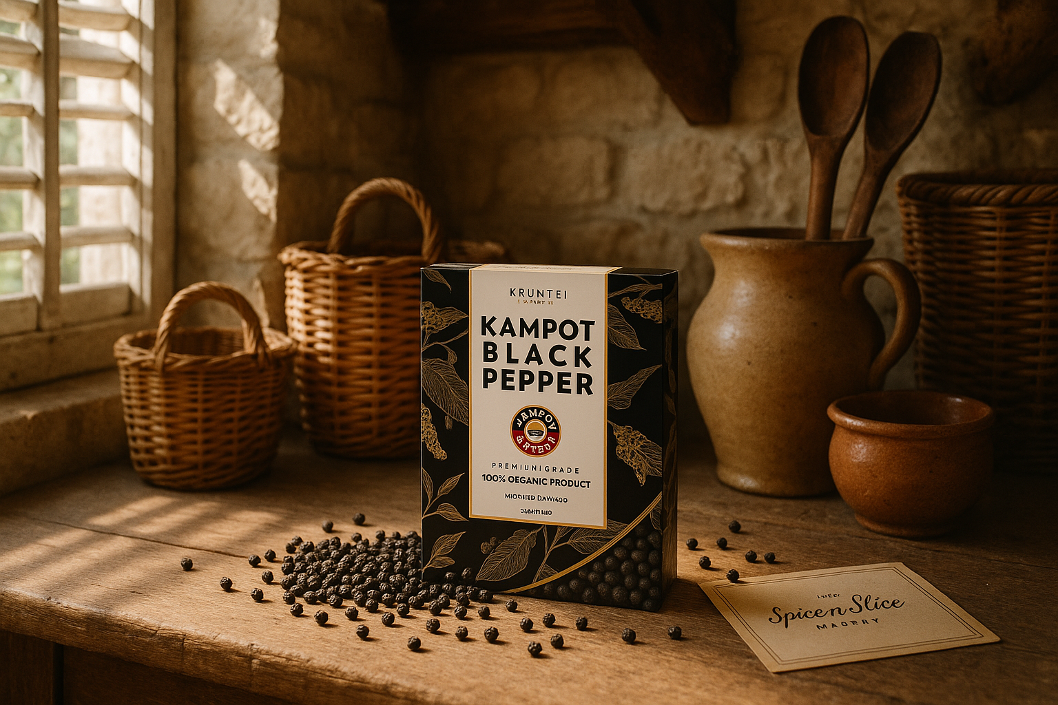 Kampot Black Pepper in French Country Kitchen
