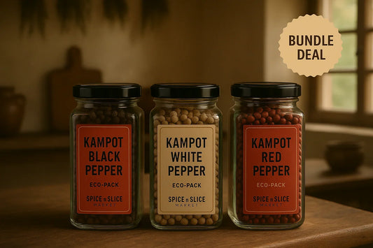 Three eco-pack glass jars of Kampot black, white, and red pepper with black lids on wooden table with bundle deal badge