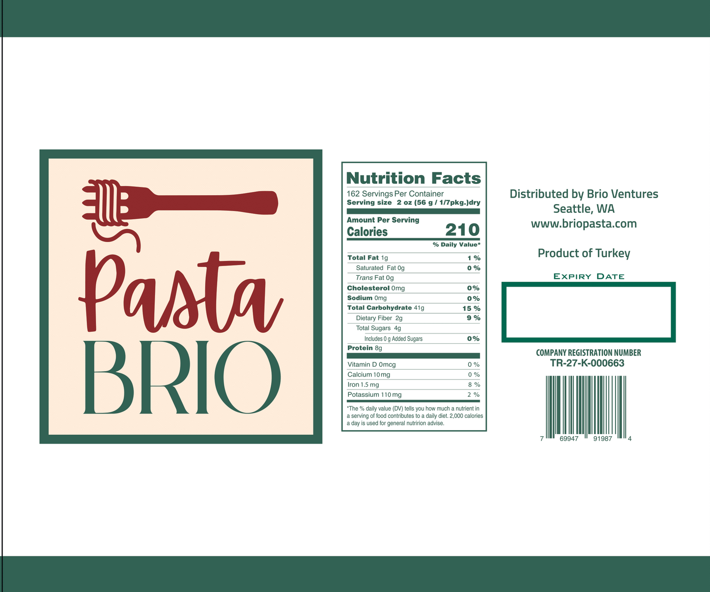 PastaBRIO Durum Wheat Pasta - FARFALLE - 20 lb