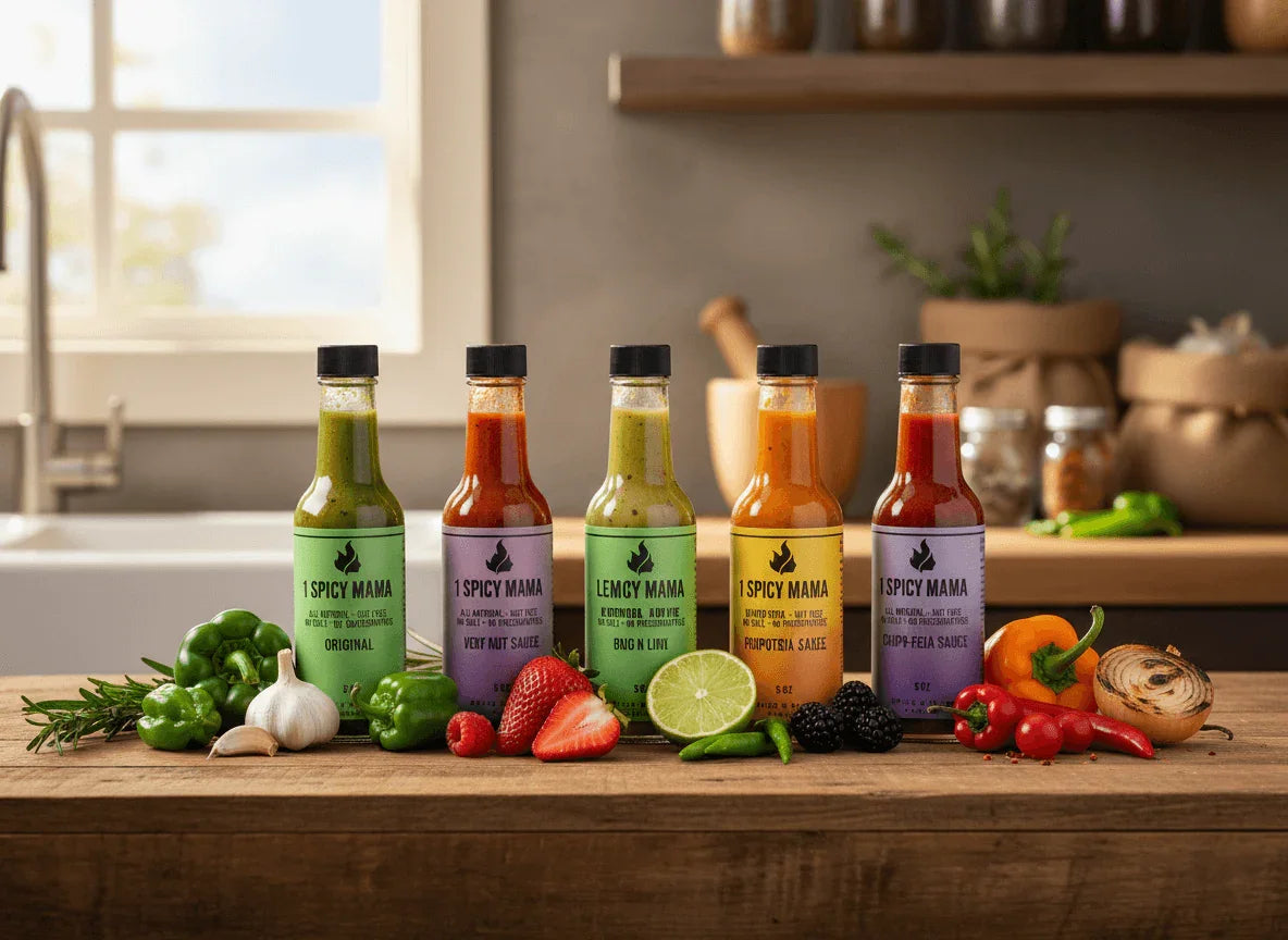 ALT A - Ultimate Heat Collection (5 Bottles) displayed with fresh ingredients in a kitchen setting.