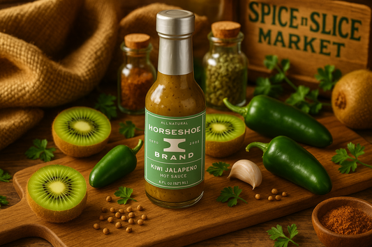 Kiwi Jalapeno Hot Sauce in market setting